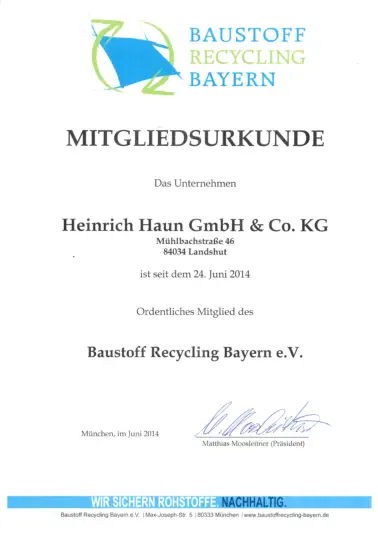 Mitgliedsurkunde HAUN GmbH - Baustoff Recycling Bayern